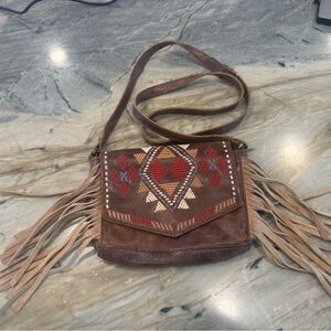 Embroidered Brown Suede Fringe Crossbody Bag